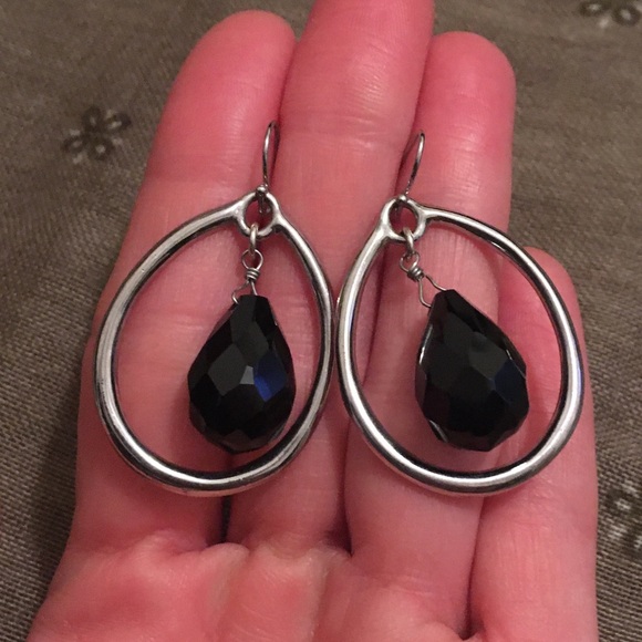 Vintage Silver Tone and Black Bead Dangle Hook Earrings - Picture 2 of 7